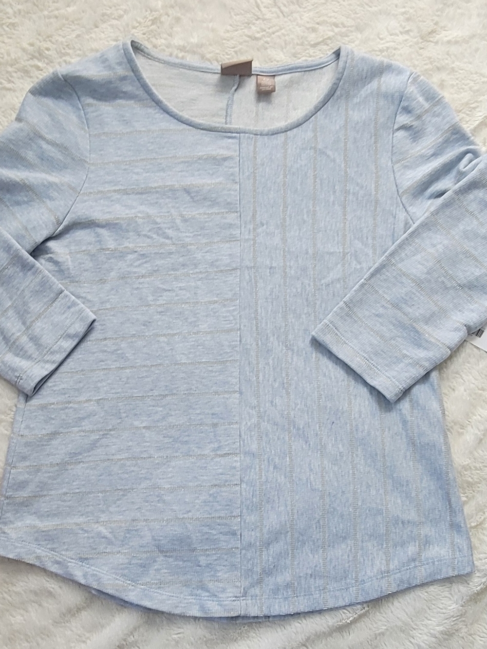 Chico's Light Blue Striped 3/4 Sleeve Top
